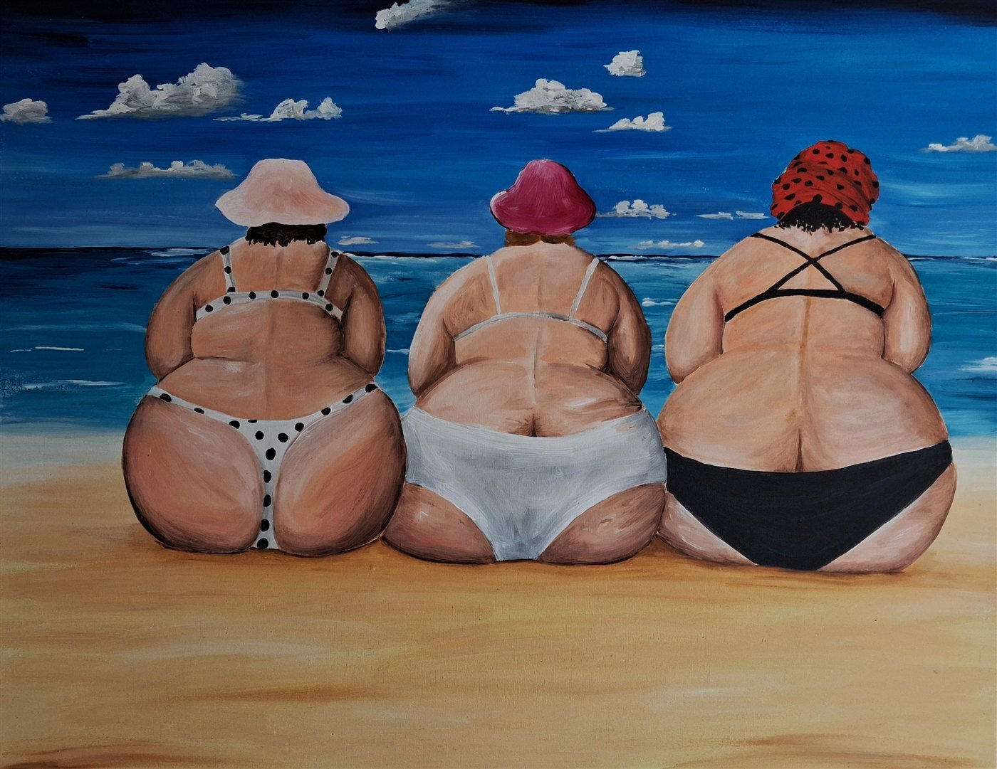 Les Baigneuses, acrylique sur toile : trois silhouettes face à la mer, un tableau plein de tendresse et d'humour.